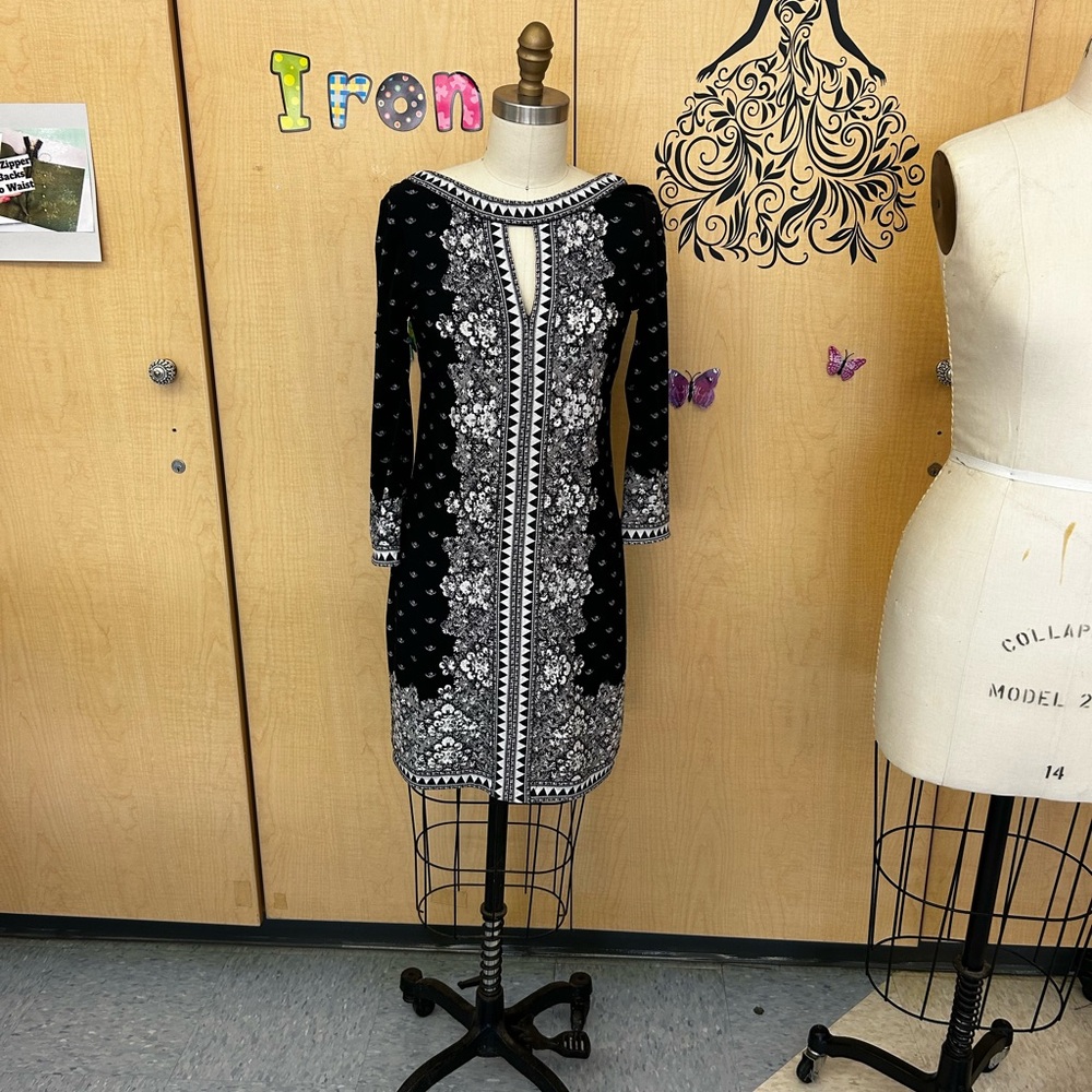 BCBGMaxAzria Black and Silver Long Sleeve Dress